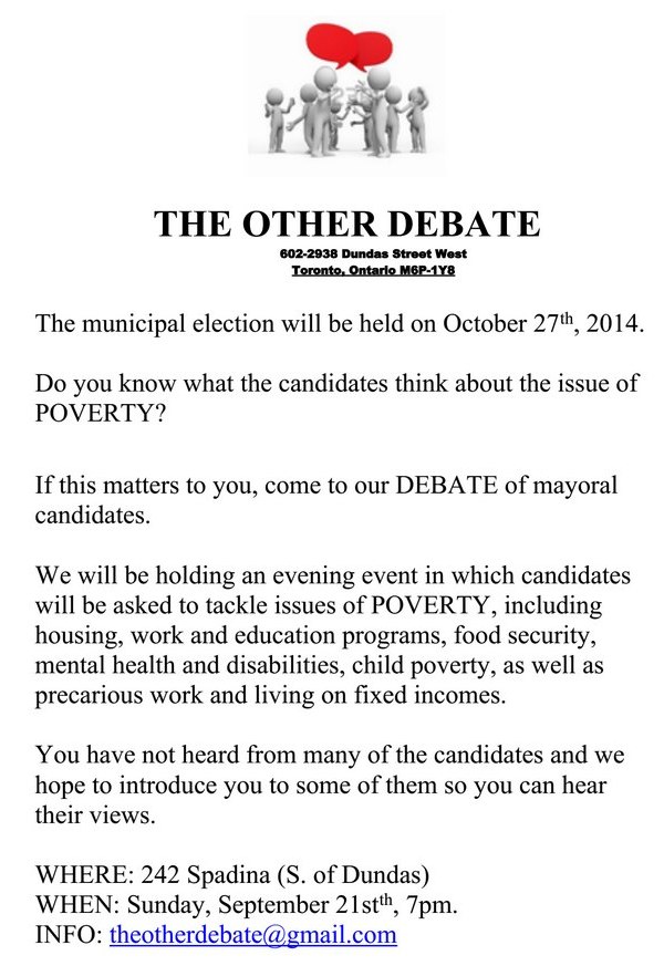 THE OTHER DEBATE - Flyer - 242 Spadina Ave, Chinatown, 7 pm, Sunday September 21 2014